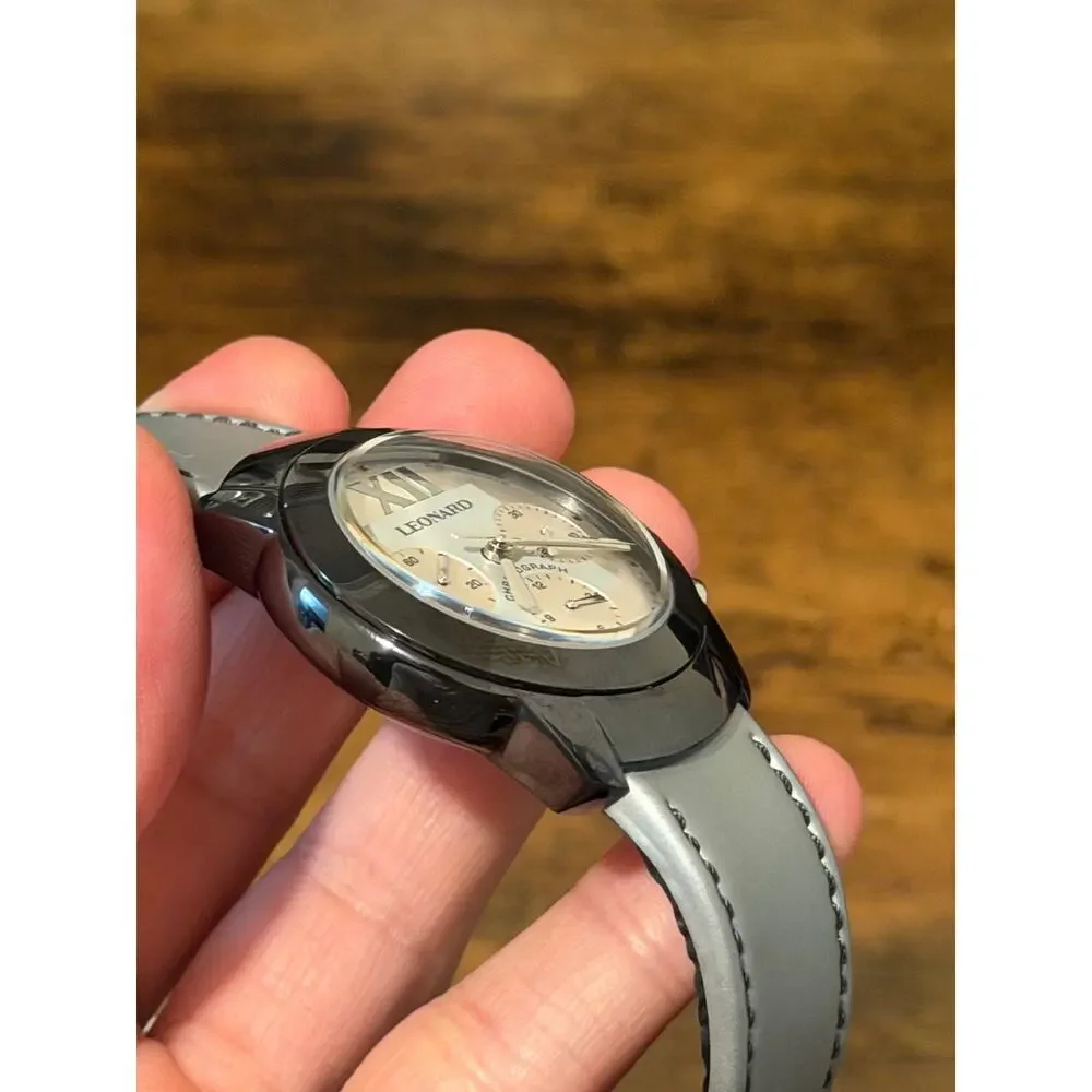 Leonar Moonphase Chronograph Style Watch White Dial Leather Strap
